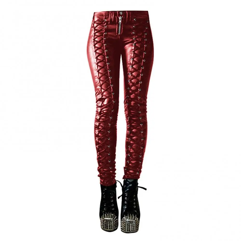 Pants Trousers Skinny Faux Leather Button Women Steampunk Cosplay Carnival Party Trousers