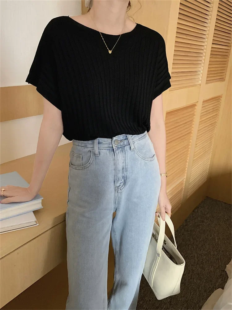 

Весенне-летние вязаные женские футболки с рукавами «летучая мышь», новинка 2025, однотонные повседневные свободные пуловеры с круглым вырезом, трикотажные женские топы