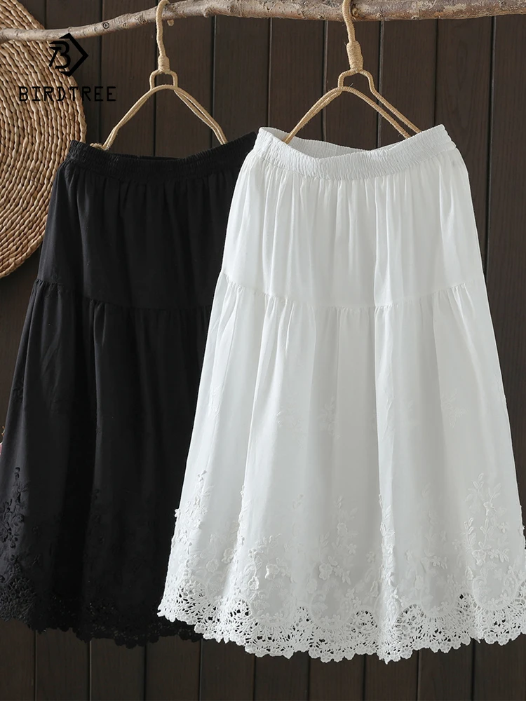 New Spring Cotton Lace Skirt Women A-Line Elastic Waist Elegant Skirt Girl Appear Thin Commute Casual Skirt 2024 Summer B44341QC