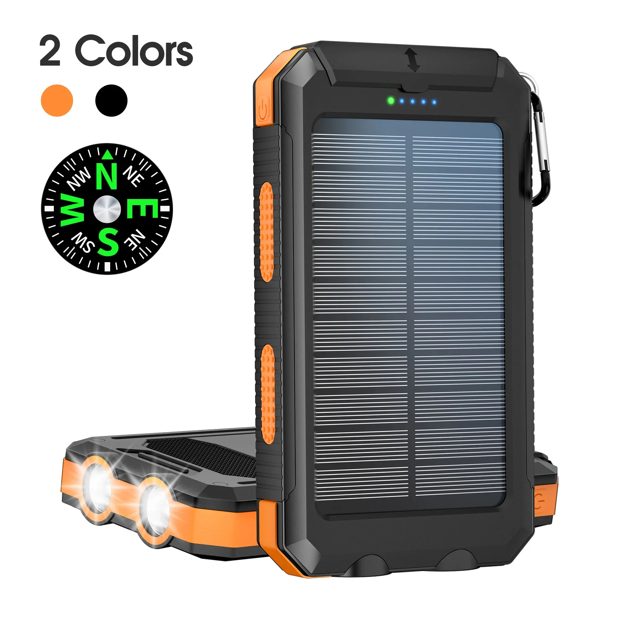 

10000mAh Solar Power Bank with Dual USB & Type-C Output, High-Brightness LED Light, Built-in Carabiner Clip