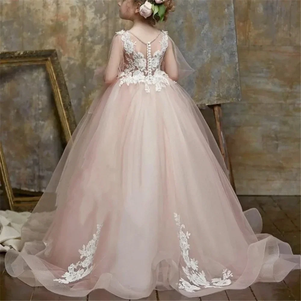 Abito da ragazza di fiori in chiffon bianco con applicazioni di pizzo tulle rosa gonfio per matrimonio, regalo di compleanno per bambini, festa, banchetti, abiti da principessa