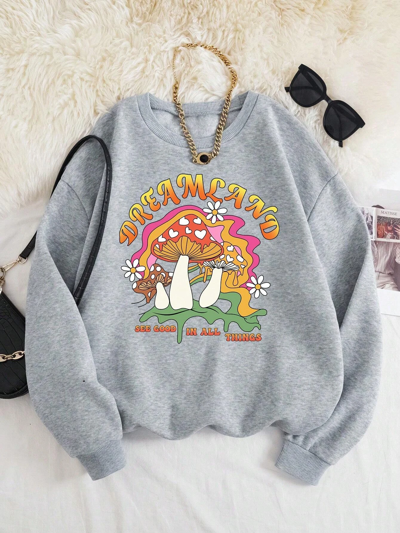 Interesting Mushrooms Printing Hooded Women Fleece Warm Hoodies Fashion Fur-Liner Hoodie Casual S-Xxl Tops Woman