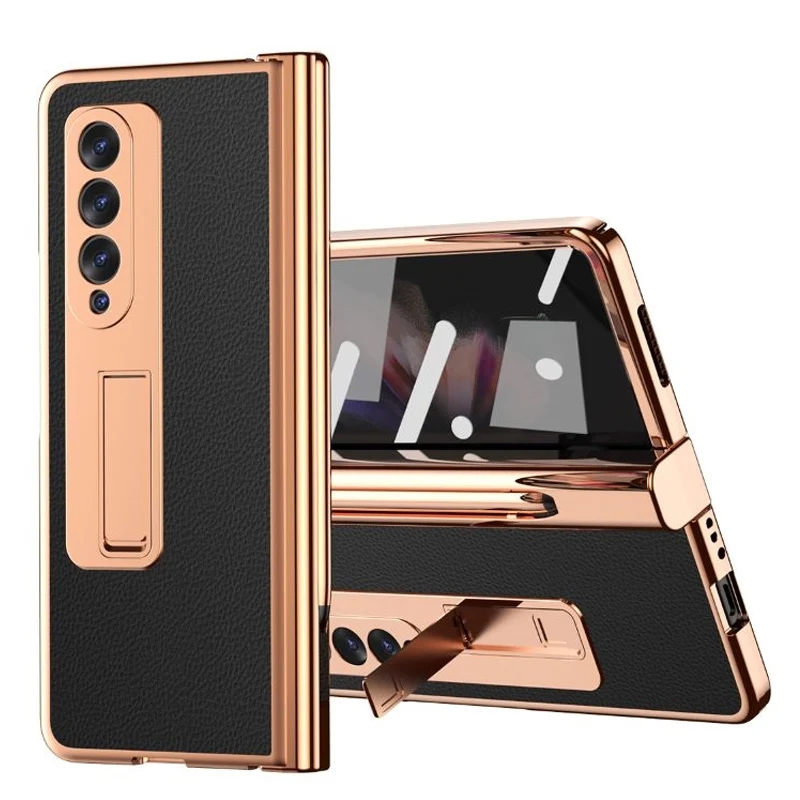 

Touch Pen With 2 Pcs Hinge Protection Case for Samsung Galaxy Z Fold 4 3 2 5G Plating Pen Slot Kickstand Cover With Screen Glass