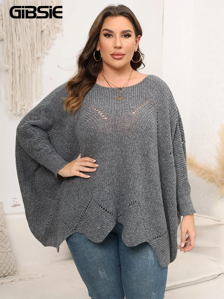 GIBSIE Plus Size Oversized Sweaters for Women 2023 Fall Winter Casual Round Neck Batwing Long Sleeve Pullover Sweater Jumper