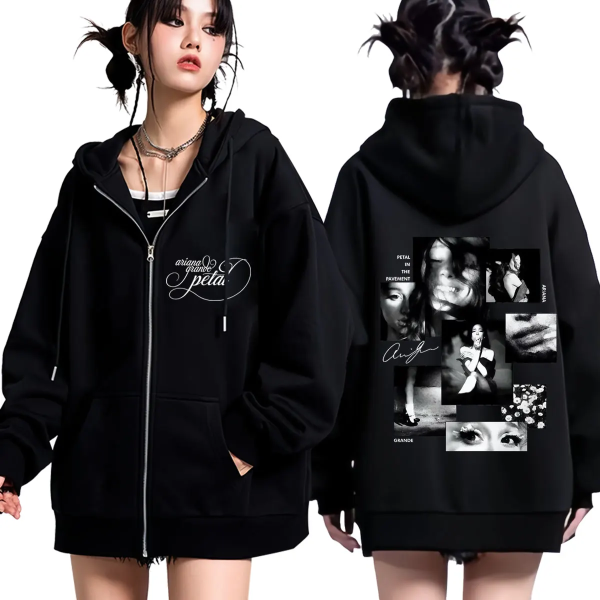 Moletom com Zíper Ariana Grande Album Petal 2026, Moda Masculina e Feminina, Manga Longa, Casual, Solto, Jaqueta com Zíper