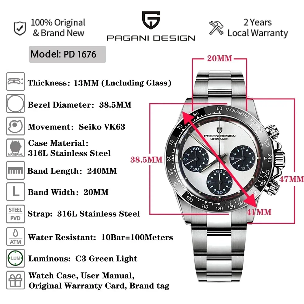 PAGANI DESIGN Men Quartz Wristwatches VK63 Watch For Men Ceramic Bezel Chronograph Sports Waterproof Stainless Reloj Hombre 2023