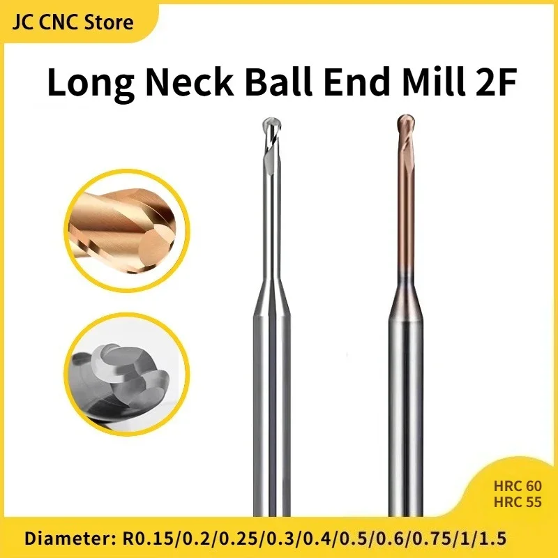JC hrc60 milling cutter 2flute micro diameter cutter R0.15-R1.5 Long neck ball milling cutter