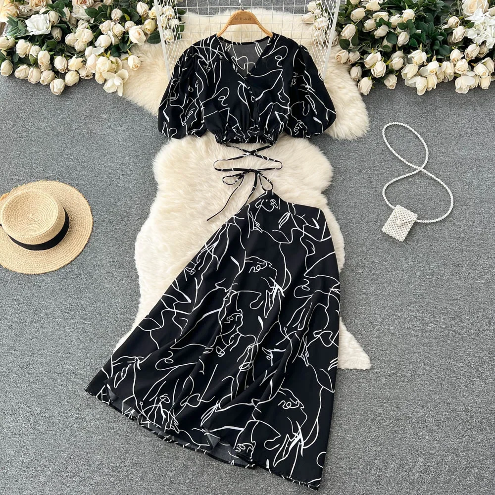 Women Summer Floral Sets Sexy V Neck Tops+ Long Print Long Skirt Design Beach Suit Holiday Elastic Waist Two Piece Set