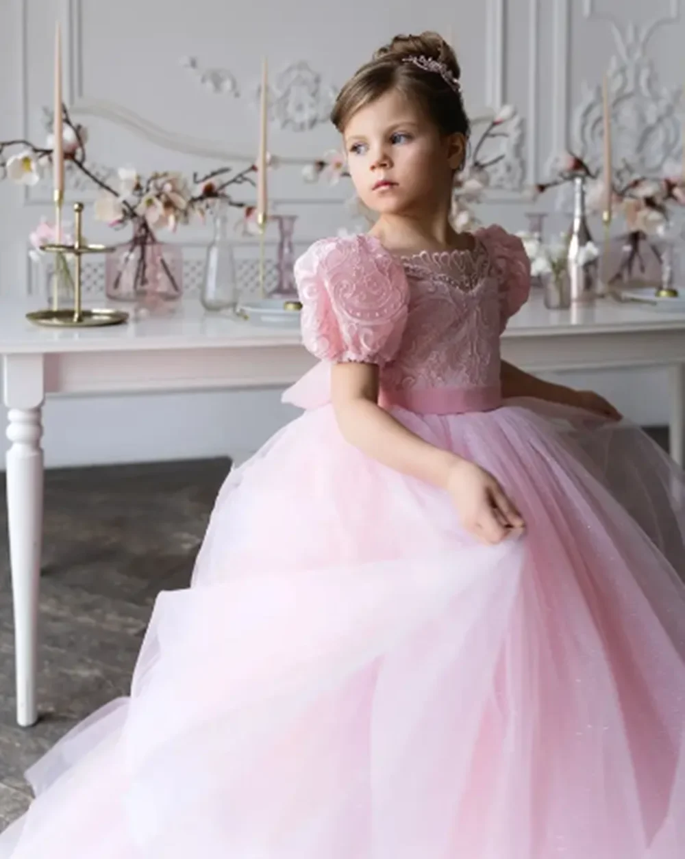 

Customized Pink Flower Girl Dresses For Wedding Appliques With Bow Classic Princess Birthday Evening Party Formal Events Gown