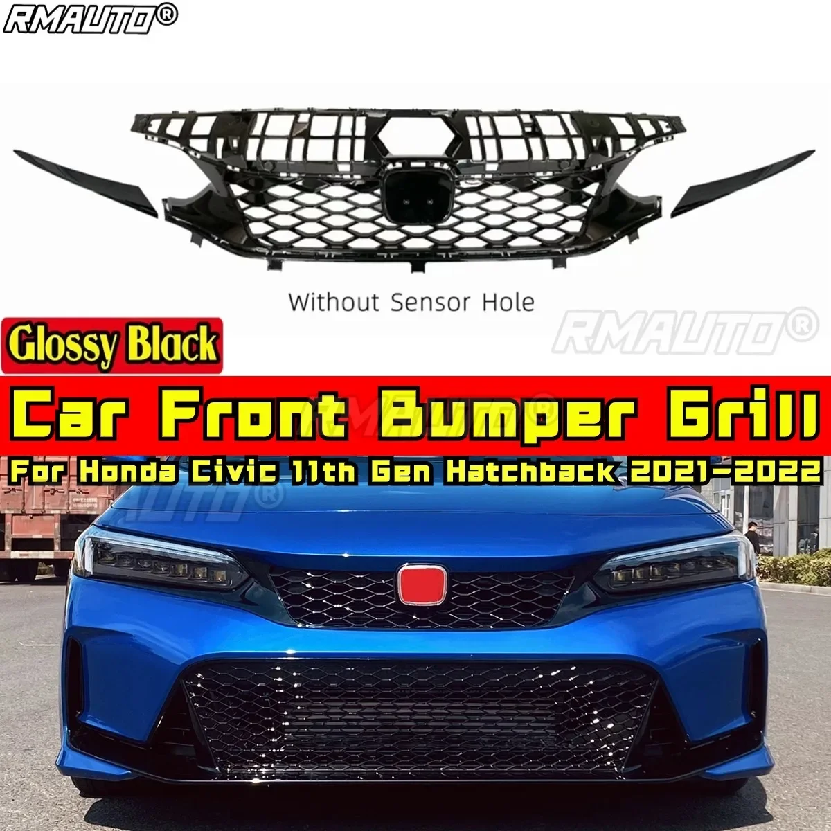 

For Civic Body Kit Front Grill Grills Glossy Black TR Style Grill for Honda Civic 11th Gen Hatchback 2021-2022 Car Accessories