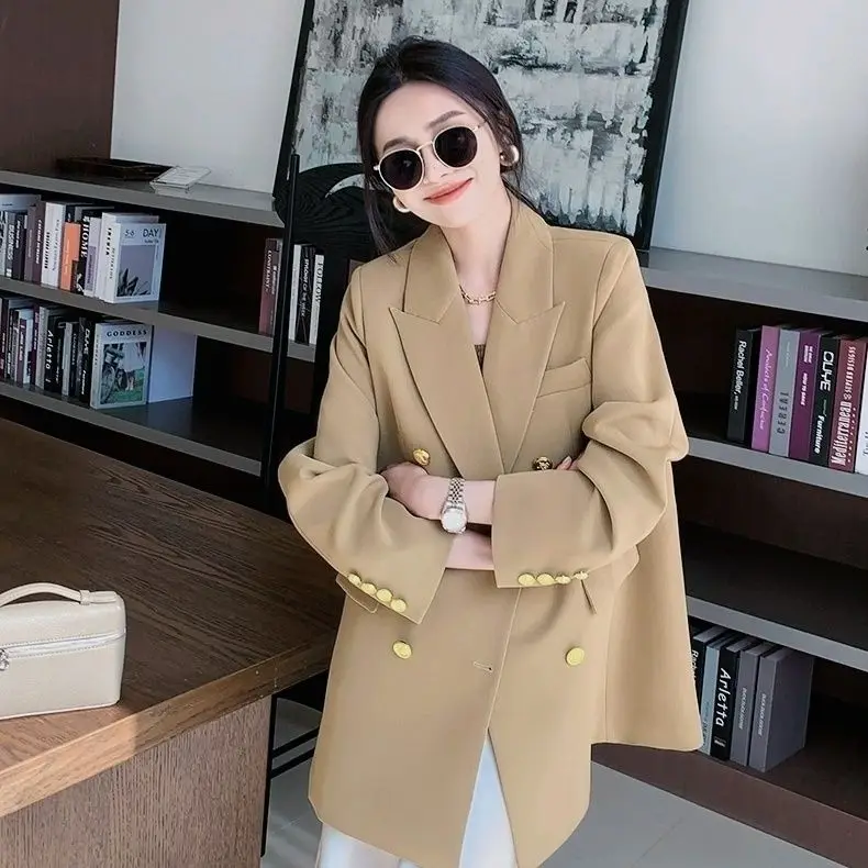 

​​2025 Khaki Korean Blazer Women Dual Matte Buttons Luxe Tailored Jacket Spring Autumn Power Suit Goddess Edge Head Turner​​