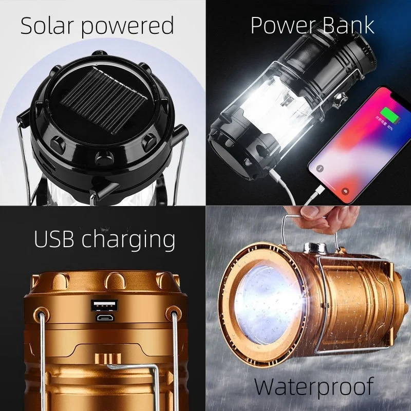 Solar Powered Camping Lamp LED Searching Light Waterproof Outdoor Tent Lighting USB Charging Portable Handheld Power Bank Light