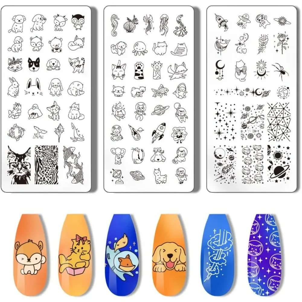 3pcs Nail Stamping Plate Animal Stamper Cartoon Stencils Tip Stamp Tool Print Nail Stencils Stainless Steel