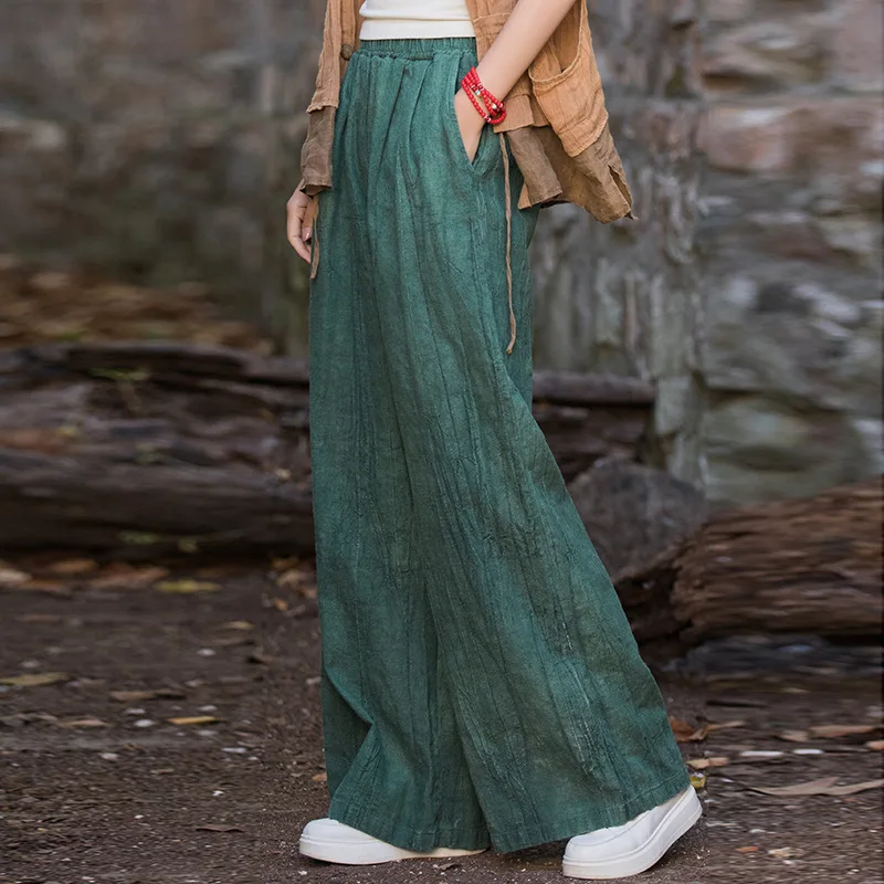 Bohemian Tie-Dye Wide Leg Pants - Stonewashed Ramie Blend Relaxed Fit Trousers