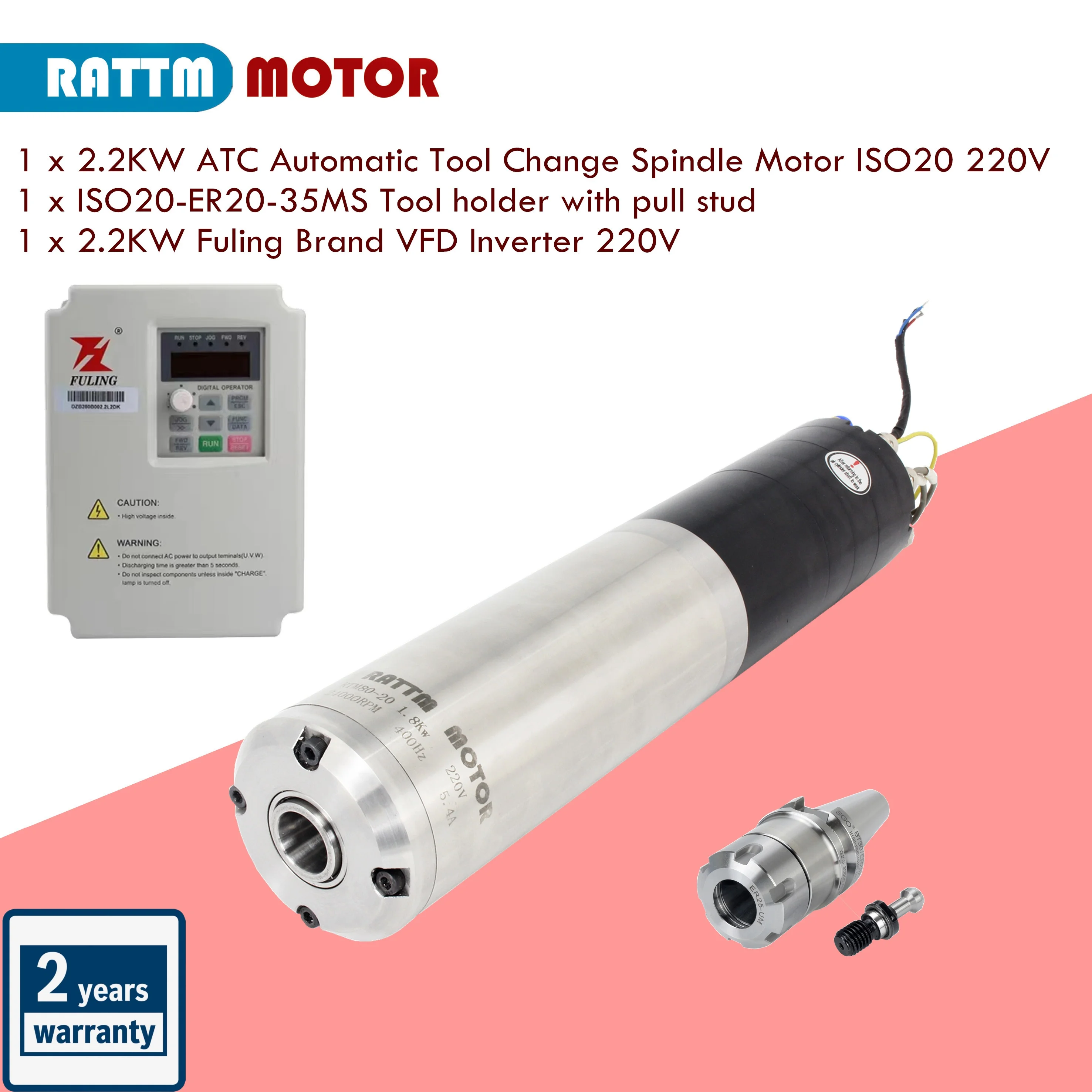 Moteur de broche CNC haute vitesse refroidi à l'eau RTM80-20-24Z/2.2 2.2kw 220v ISO20 Atc avec changement d'outil automatique ISO 20 et VFD