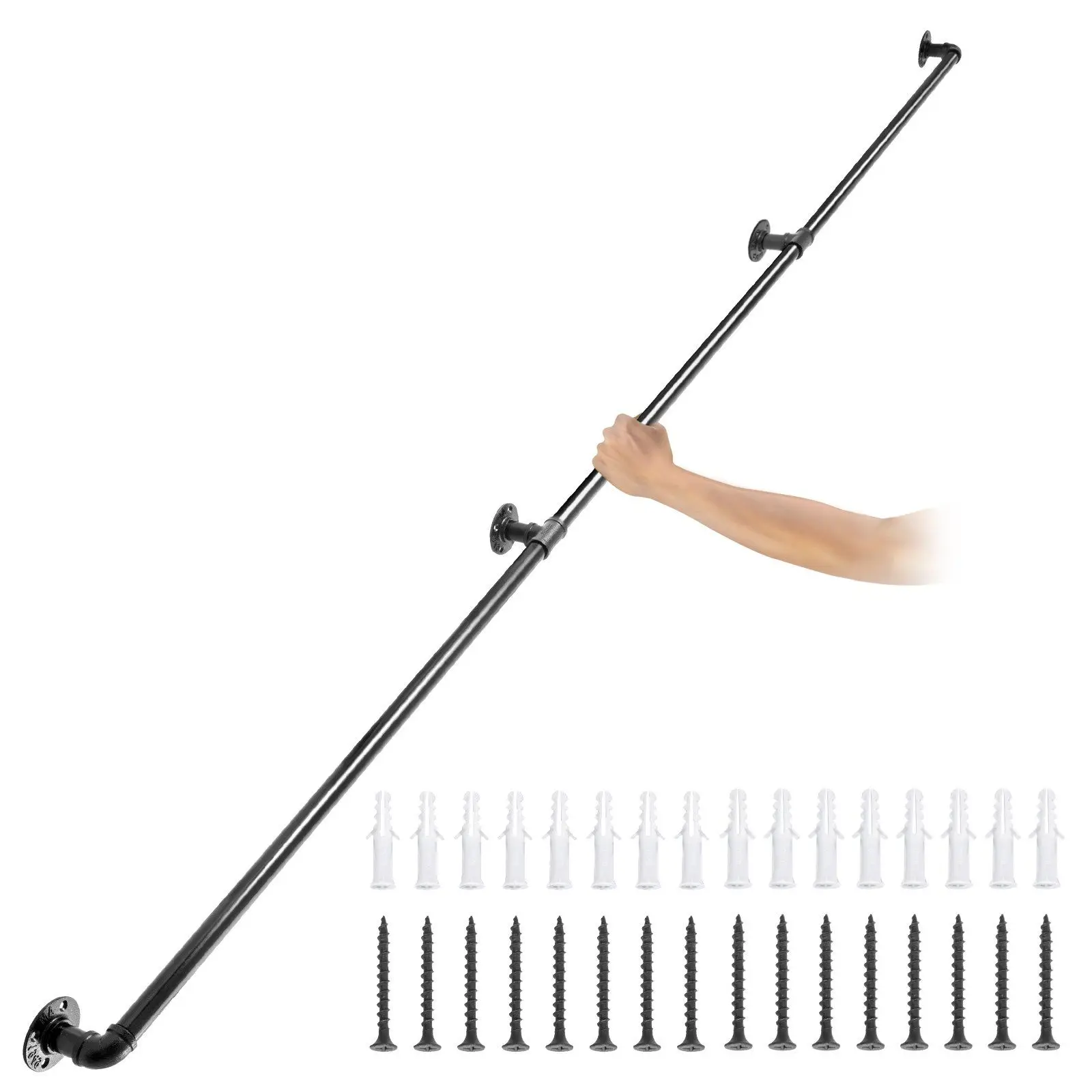 

9FT Carbon Steel Pipe Stair Handrail, 440LBS Capacity, Wall-Mounted for Indoor Use.Round Corner Wall Handrailings for Indoor.