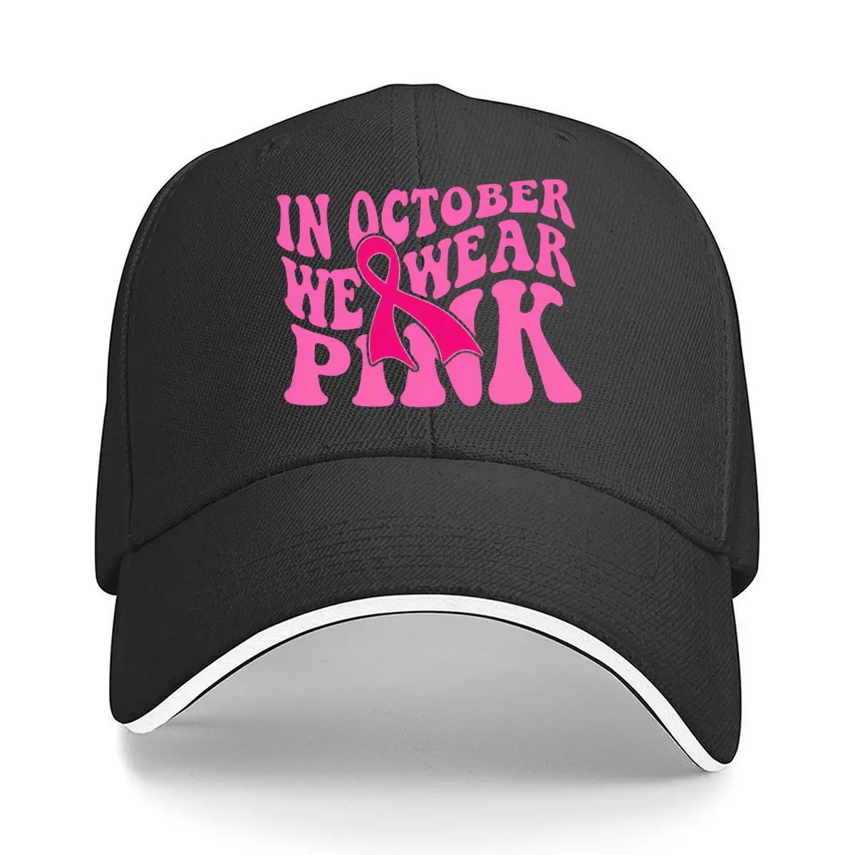 In October We Wear Pink Breast Cancer Awareness Ribbon Sandwich Baseball Cap Women Unisex Male