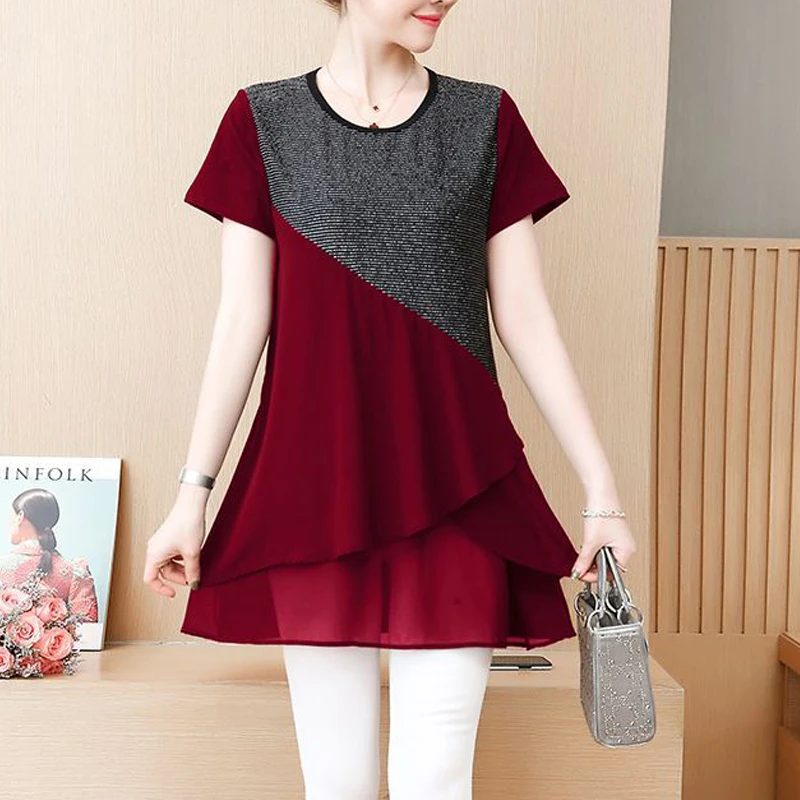 Elegant Asymmetrical Striped Patchwork Slim Tunic Top Female New Summer Fashion Round Neck Short Sleeve Shirts Blouses for Women