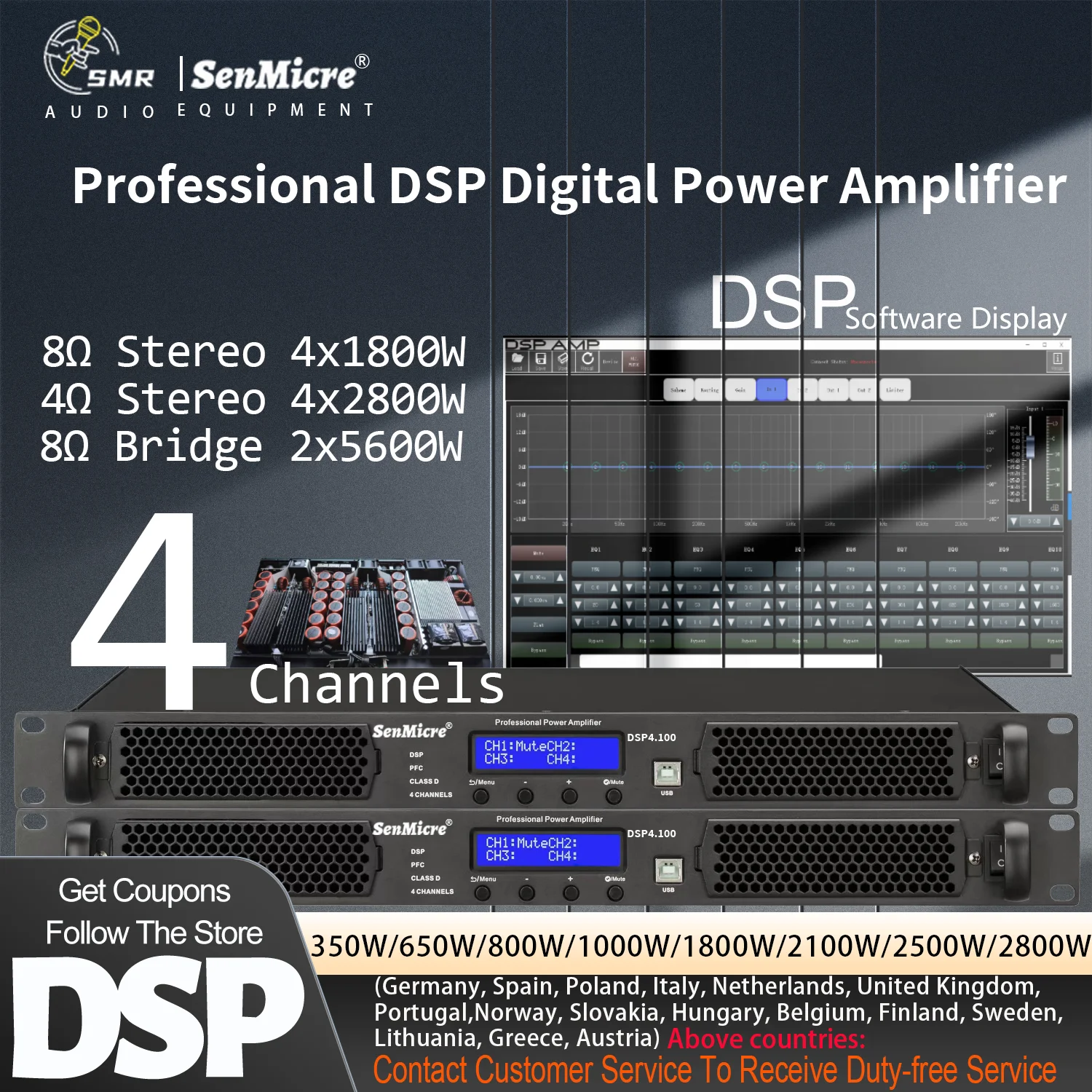 SenMicre Professional Digital DSP Power Amplifier 4x1000W 8OHM 4CH Sound Amplifier Processor DJ Subwoofer Line Array Speaker