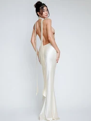 Articat-Deep V Backless Evening Dress for Women, Sexy Bodycon Dress, Satin Lace Up Flower Dress, Female Slim Party Night Clubwea