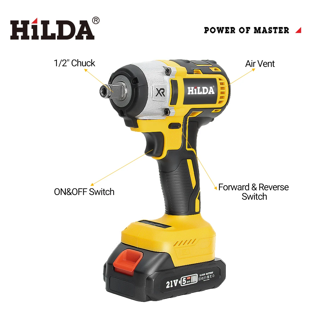 HILDA 21V Cordless Impact Wrench Two Li-ion Battery  Fast Charger Tool Bag Power Impact Driver for Car Home