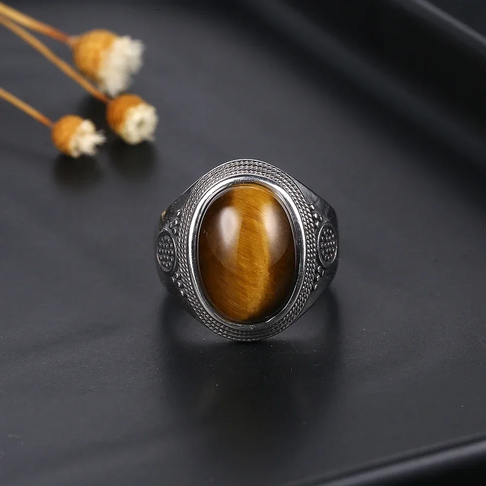 Srebrne pierścionki posrebrzane Duży naturalny pierścionek z czarnym agatem 10x14MM dla kobiet i mężczyzn Srebrna biżuteria na imprezę Tygrysie oko Turkus Lapis Lazuli — zdjęcie 7