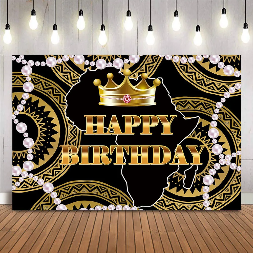 African Crown Birthday Backdrop Queen Pearls Beads Adult Women Birthday Theme Party Background Black and Gold Decoration Props