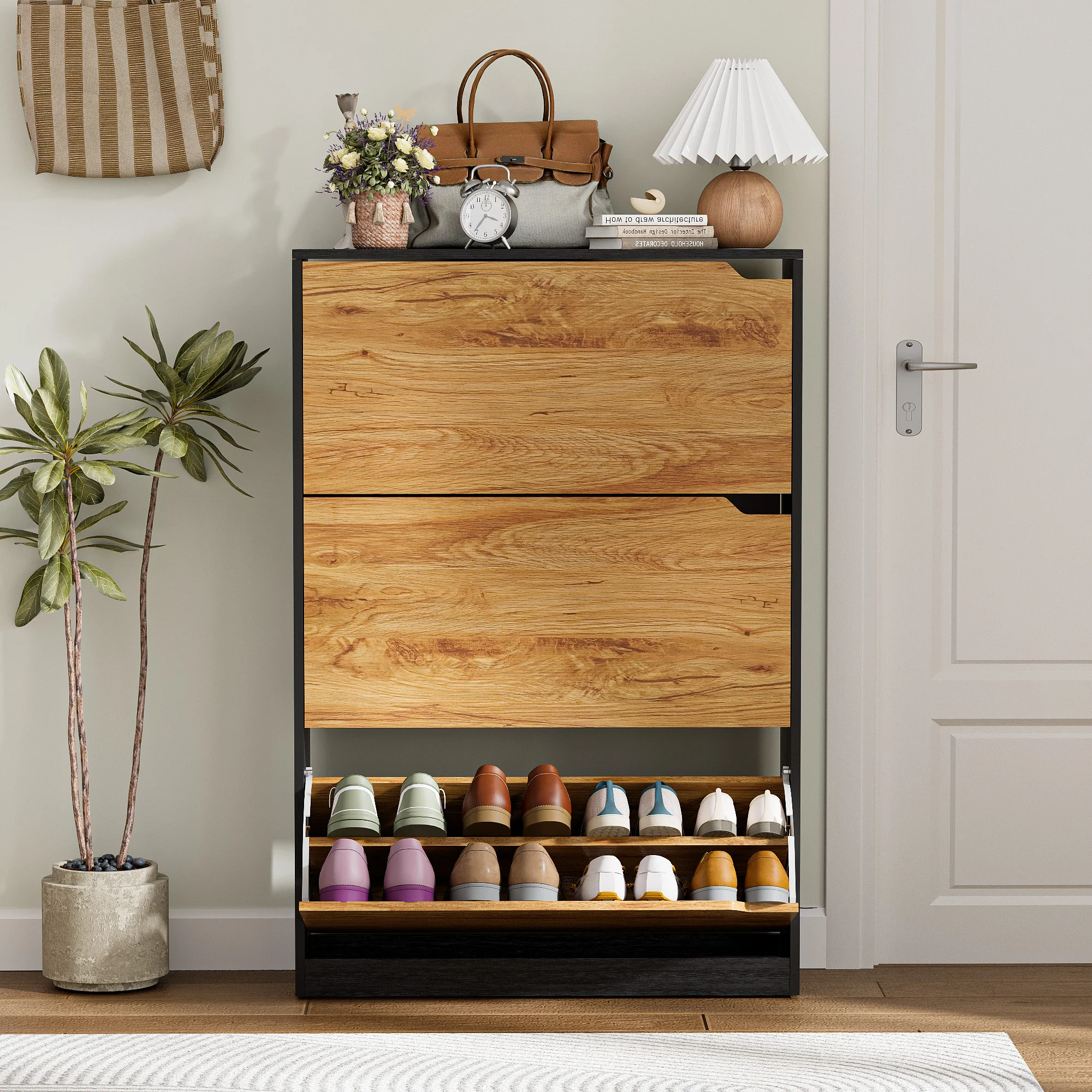 Zapatero con 3 compartimentos inclinables, organizador de zapatos de madera delgado sin tiradores, estante para zapatos con 3 puertas abatibles, mueble estrecho para el hogar.
