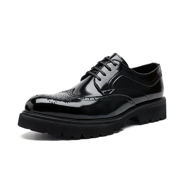 mens luxury fashion business wedding dress platform shoes lace-up patent leather derby shoe black trendy carved brogue footwear