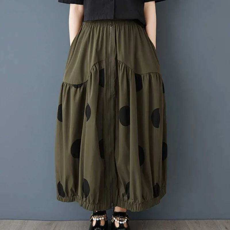 Spódnica damska HKSH na wiosnę i jesień, w kropki, z elastyczną talią, zapinana na zamek, plisowana, elegancka, szykowna, codzienna, oversize, model HK13769