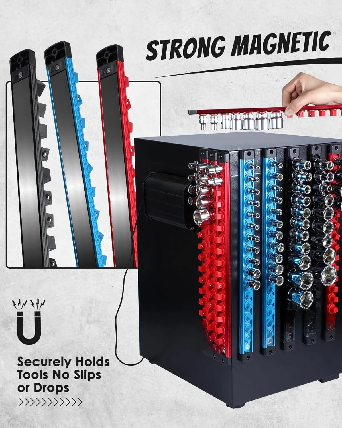 مجموعة منظم حامل المقبس المغناطيسي 8 قطع - 1/4، 3/8، 1/2 - صواني السكك الحديدية مقبس سبائك الألومنيوم لدرج صندوق الأدوات، شعبية جديدة #4