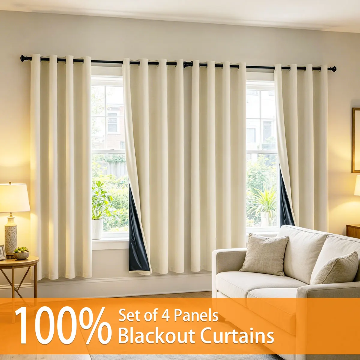 4pcs Grommet Off Blackout Curtains with Black Liner, Modern American Style, Thermal Light Blocking Window Curtains for L-Shap