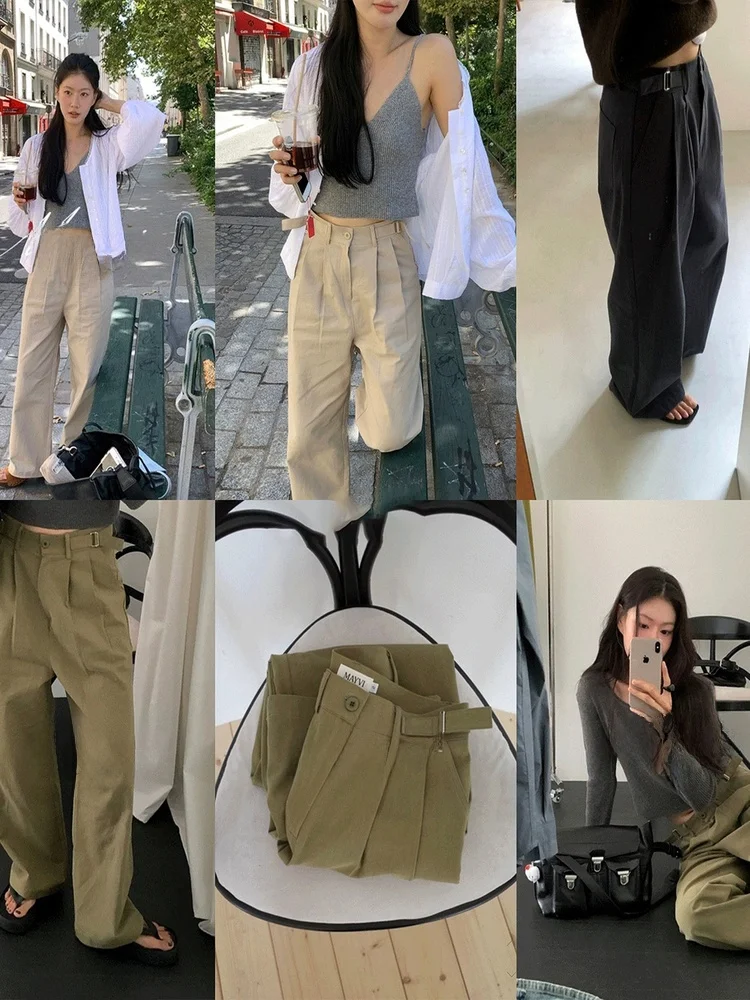 

Женские повседневные брюки с высокой талией, широкими штанинами, свободного кроя, в стиле ретро, прямого силуэта, в рабочем стиле, драпированные, свободные брюки для женщин