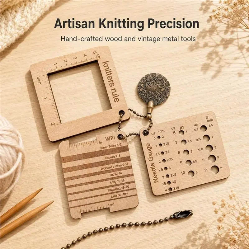 B08B-Beech Wood 3 Pcs For Handmade Knitting Gauge Set With Ruler& Vintage Yarn Cutter For Crochet Crafts