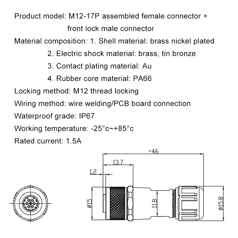 M12-17Pin Circle Connector Metal Assembled Female Male Plug Socket Elbow with Line 30V 1.5A M12 17pin Soldering Connectors IP67