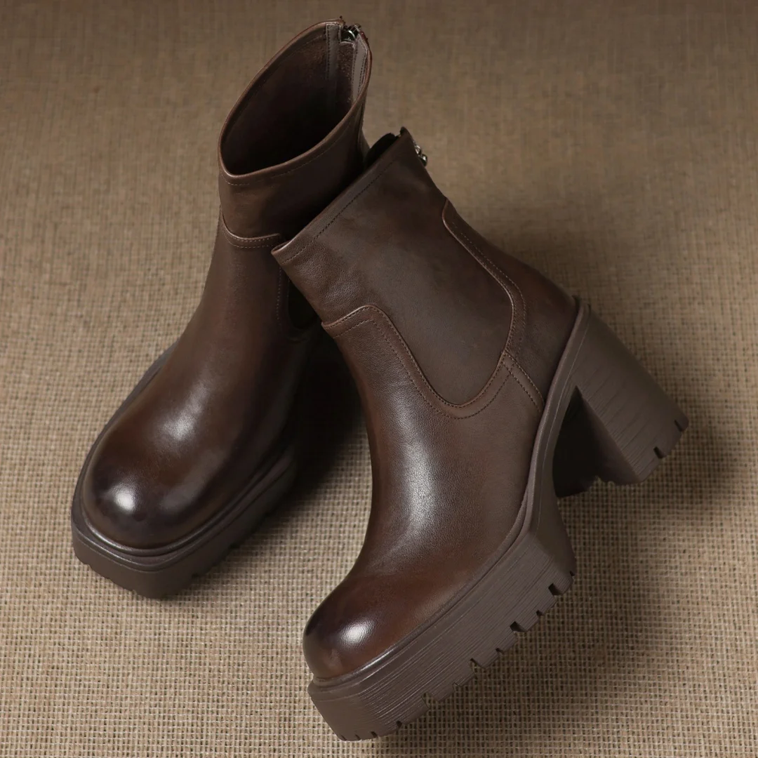 

Women's sheepskin round toe back zip autumn ankle boots 8.5cm chunky heel platform punk female night club short booties shoes