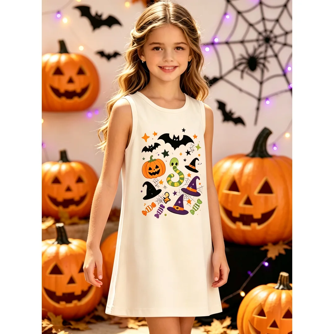 Halloween Girls Summer Sleeveless Shift Dress Pumpkin Ghost Bat Witch Hat Candy Print Casual Outfit for Holiday Party Daily Wear