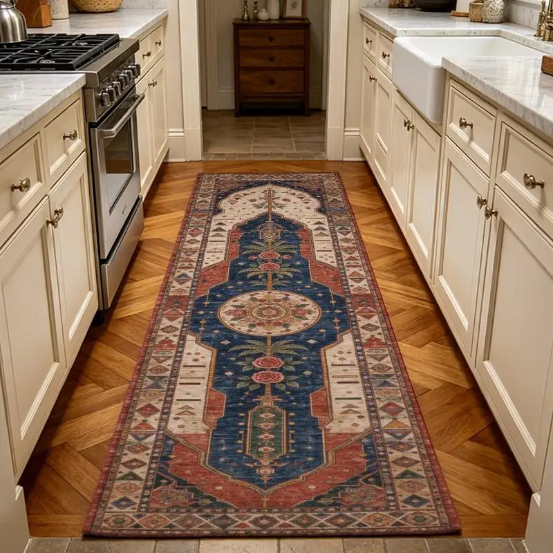 Blue Red Vintage Oriental Medallion Runner Rug Washable Boho Long Hallway Carpet Corridor Floor Mat for Entryway Kitchen Home Decor