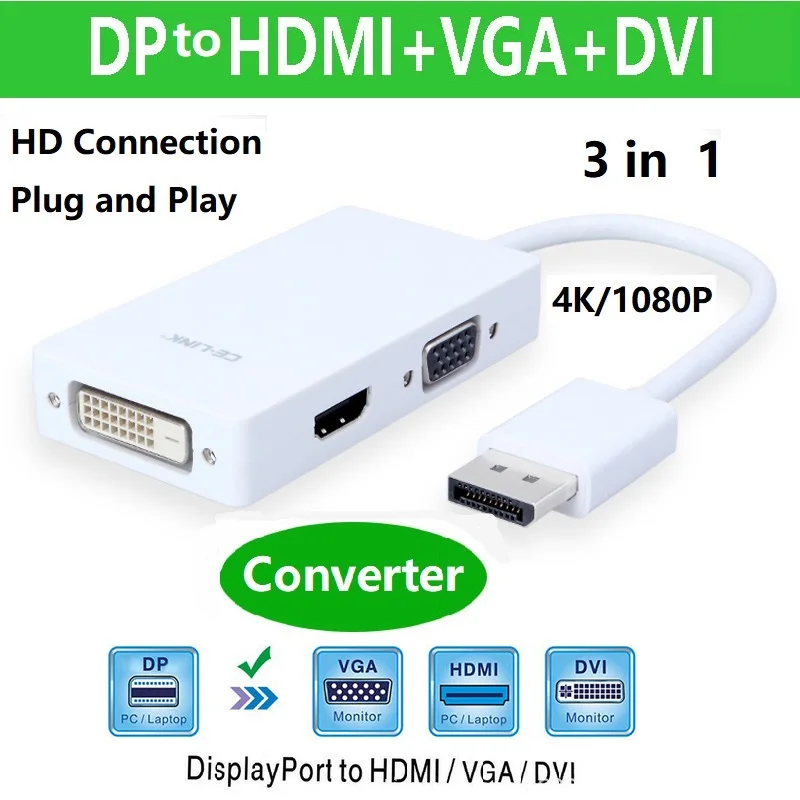 Displayport DP to HDMI/DVI/VGA Male to Female 3-in-1 DP Displayport Adapter DP Converter Cable For PC Laptop Projector Display