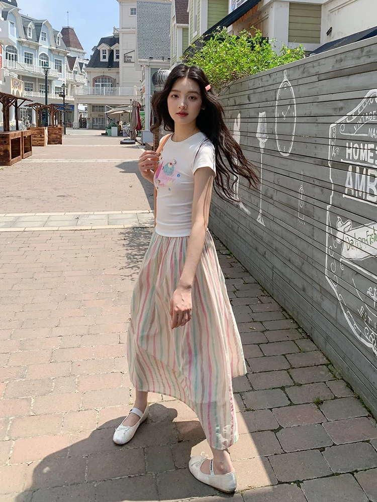 

Полосатая юбка миди с завышенной талией, женская, летняя, новинка 2026, стройнящая, А-силуэт, повседневная, от бренда Sle Mixd