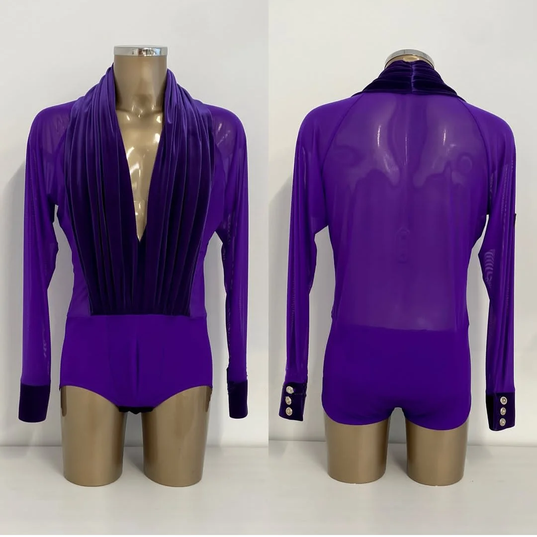 남성용 보라색 브이넥 긴팔 라틴 댄스 의상, 어린이 성인용 상의, 전문 볼룸 댄스 공연 의상