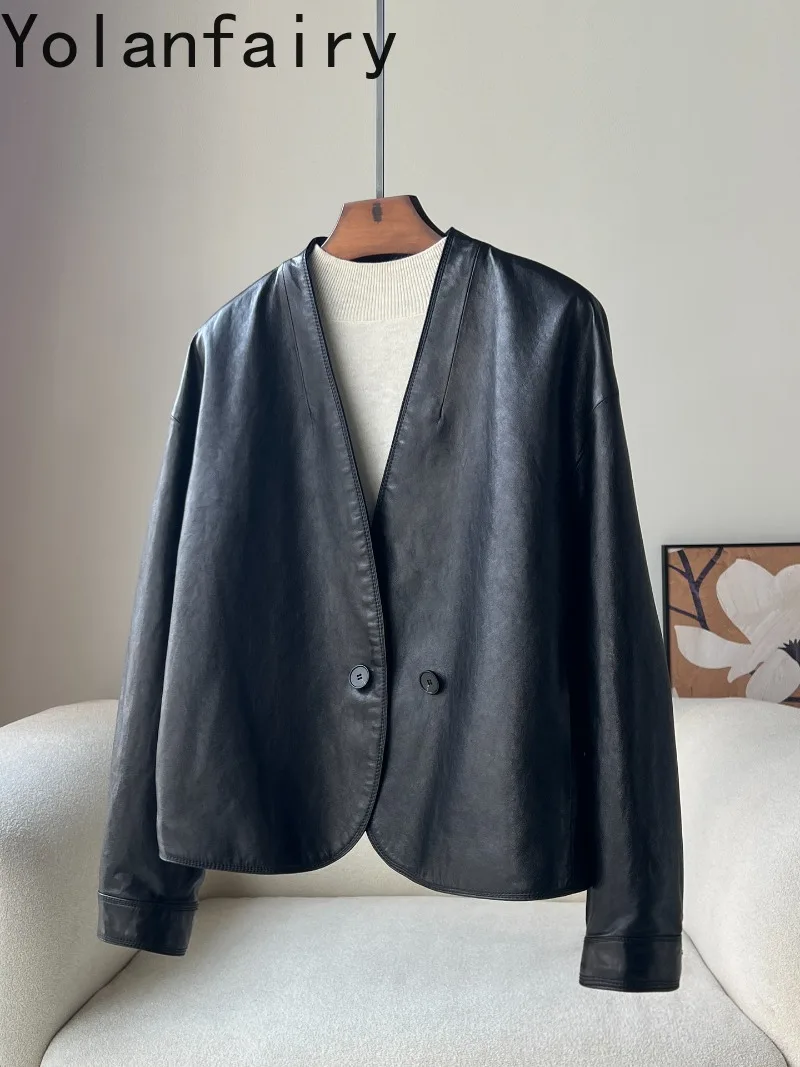 YOLANFAIRY New Fashion Genuine Leather Jacket Women High Quality Real Sheepskin Coat Elegant Beautiful Short Leather Jackets