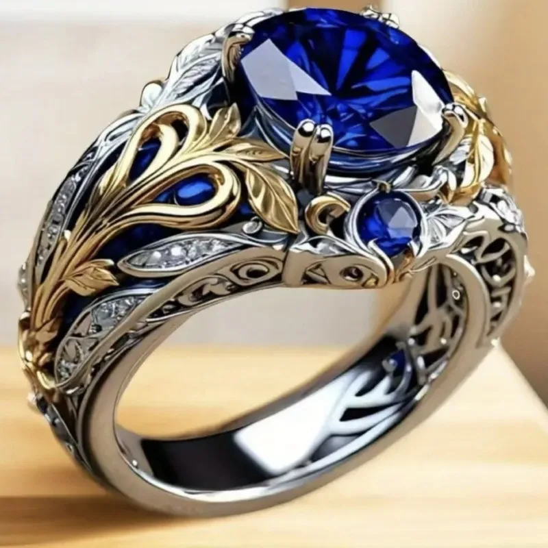 

2026 New Electroplated Two-Tone Flower Ring - European American Retro Style Women's Sapphire Diamond Fashion Jewelry Accessory