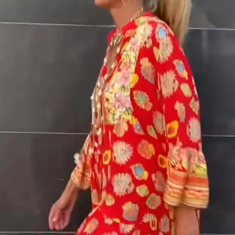 Vestido de verano informal de manga larga con cordón para mujer, elegante, plisado, suelto, con cuello en V, ropa de calle, estampado gráfico, bohemio