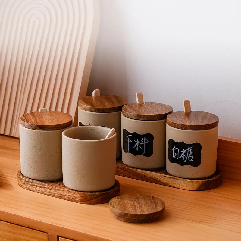 Simple walnut health pottery spice jar kitchen spice box household moistureproof sugar salt shaker with wooden spoon combination