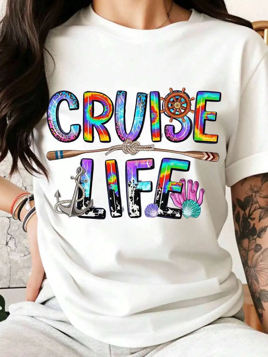 

Cruise Life Rainbow Tie Dye T-Shirt With Anchor Ship Wheel Seashells Nautical Design Unisex Summer Casual