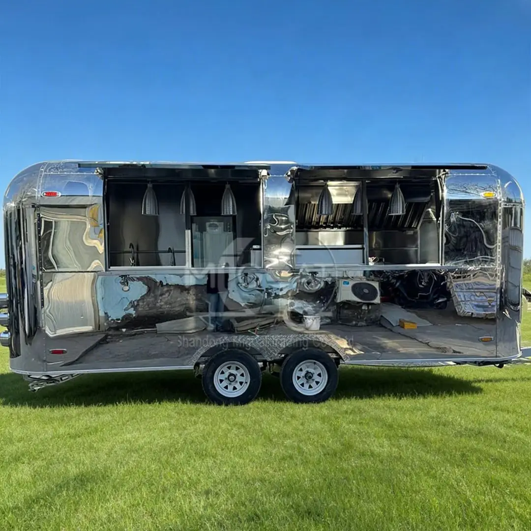 Carrito de Comida Móvil de Gran Capacidad con Ventanas Dobles para Servir, Acabado Espejo, Camión de Catering Personalizable, Remolque de Comida