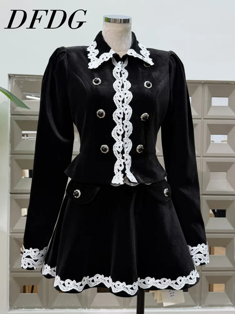 DFDG 2025 Autumn Women’s Black Velvet Vintage Lace Jacket Set Puff Sleeves Tailored Waist Flared Skirt Suit Gothic Outfit Set