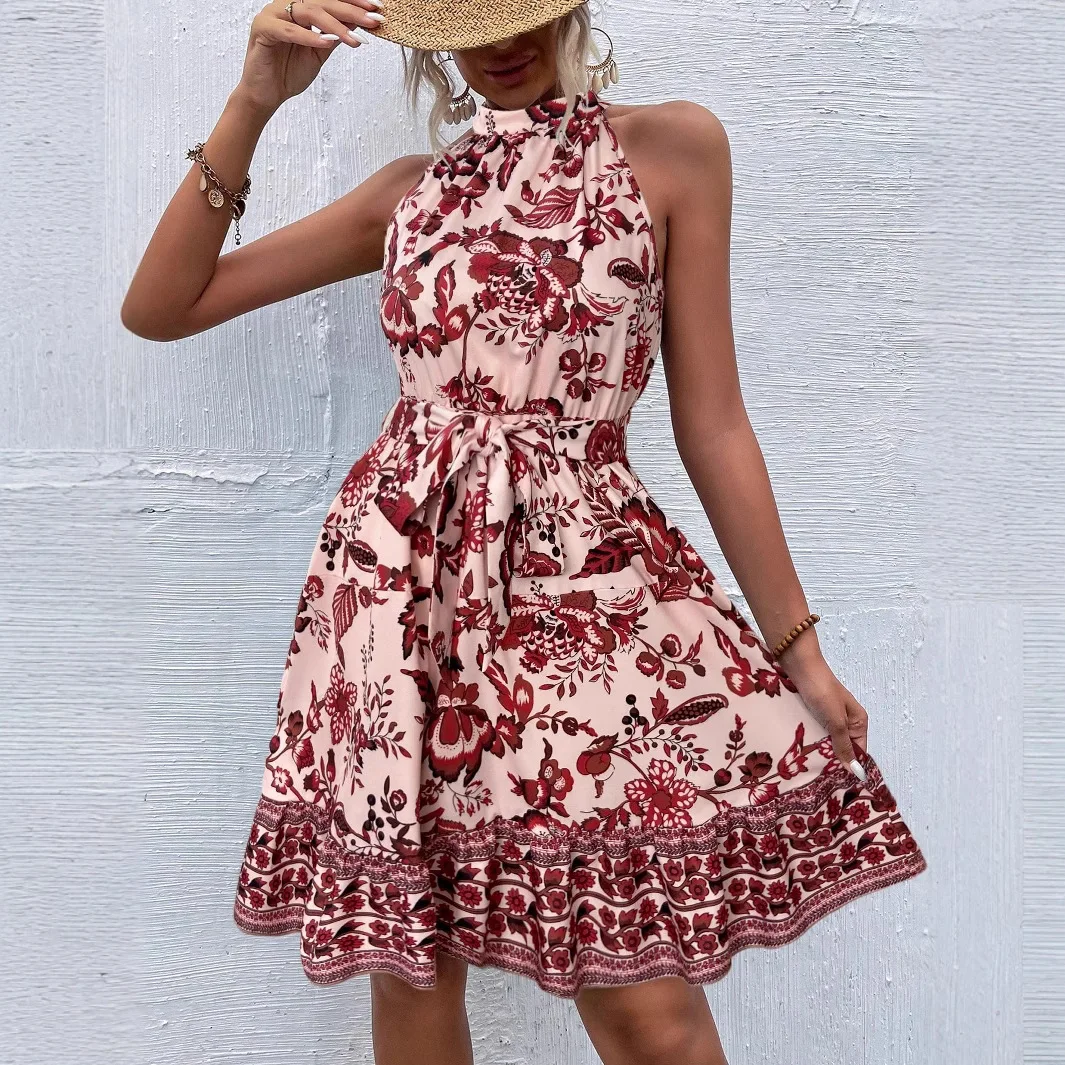 

Summer Elegant Halter Tie Waist Print Sleeveless Dress Beach Bodycon Dress Streetwear Dresses for Women