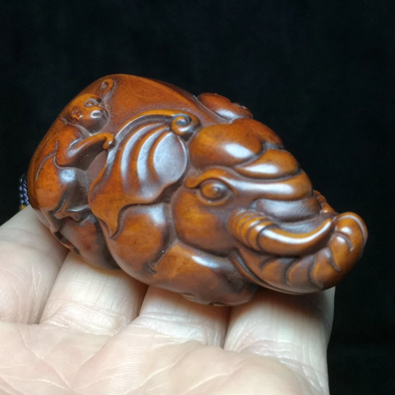 1919 Antique art Size 3 Inch Old Chinese Boxwood Wood carved monkey Elephant Figure statue netsuke table Decoration collectable